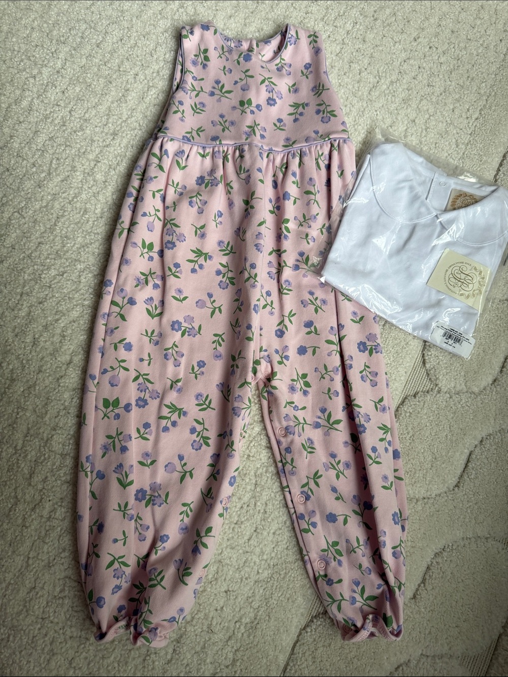 The Beaufort Bonnet Company Pink Floral Sleeveless Romper + NWT (white pima)